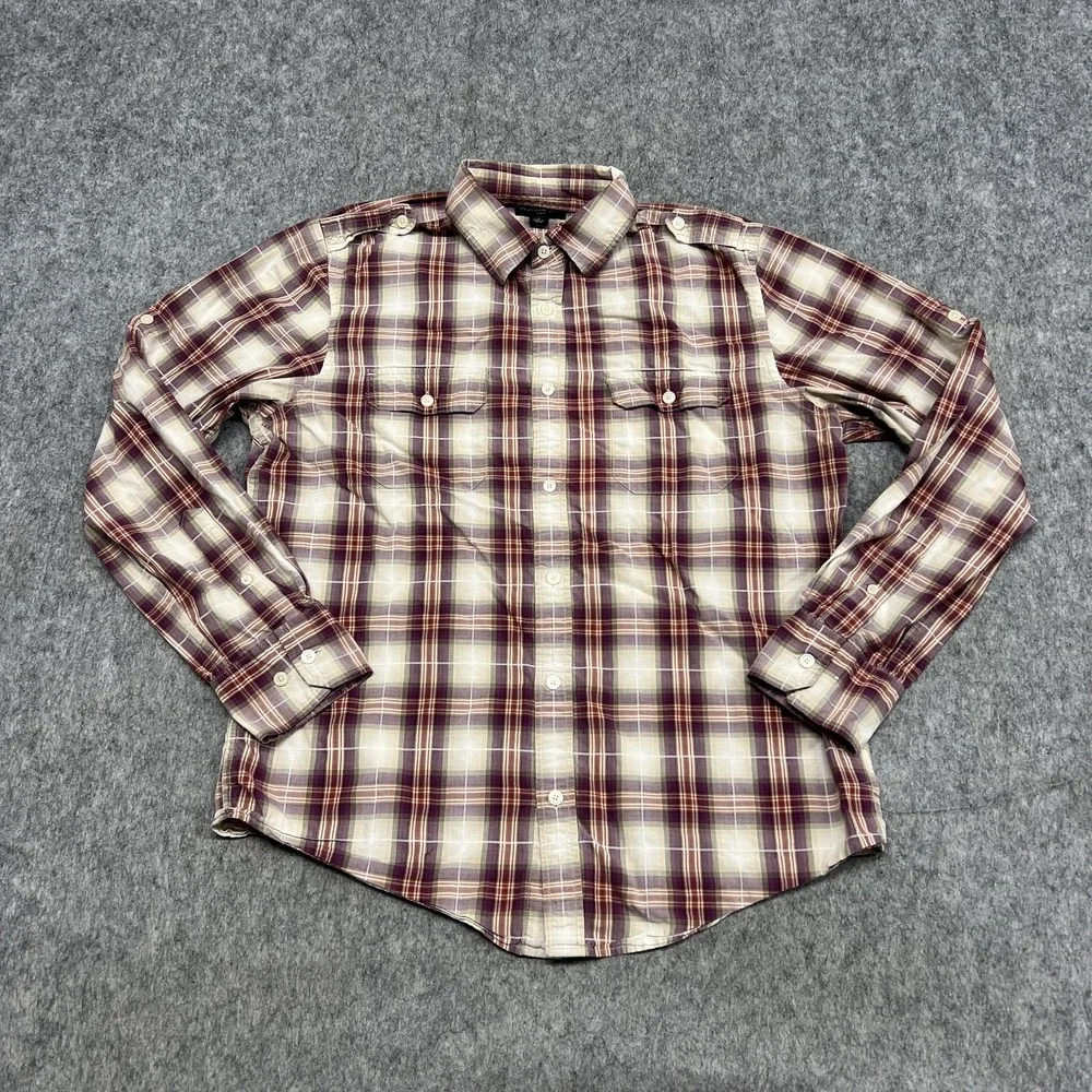 Banana Republic Shirt Mens Medium Purple Plaid Long Sleeve Button Front Roll Tab